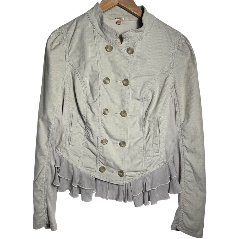 Free People Cream Double-Breasted Military Ruffle Hem Jacket